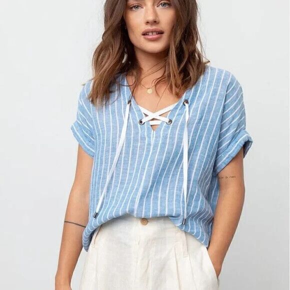 Rails Jeri Striped Linen Blend St. Germain linen blend Blue Top size medium - Picture 1 of 6
